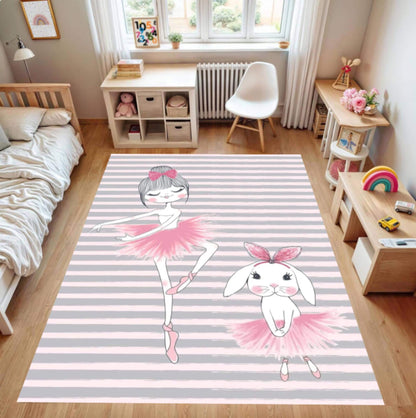 Ballerina Pink Kids Room Rug with Bunny Washable