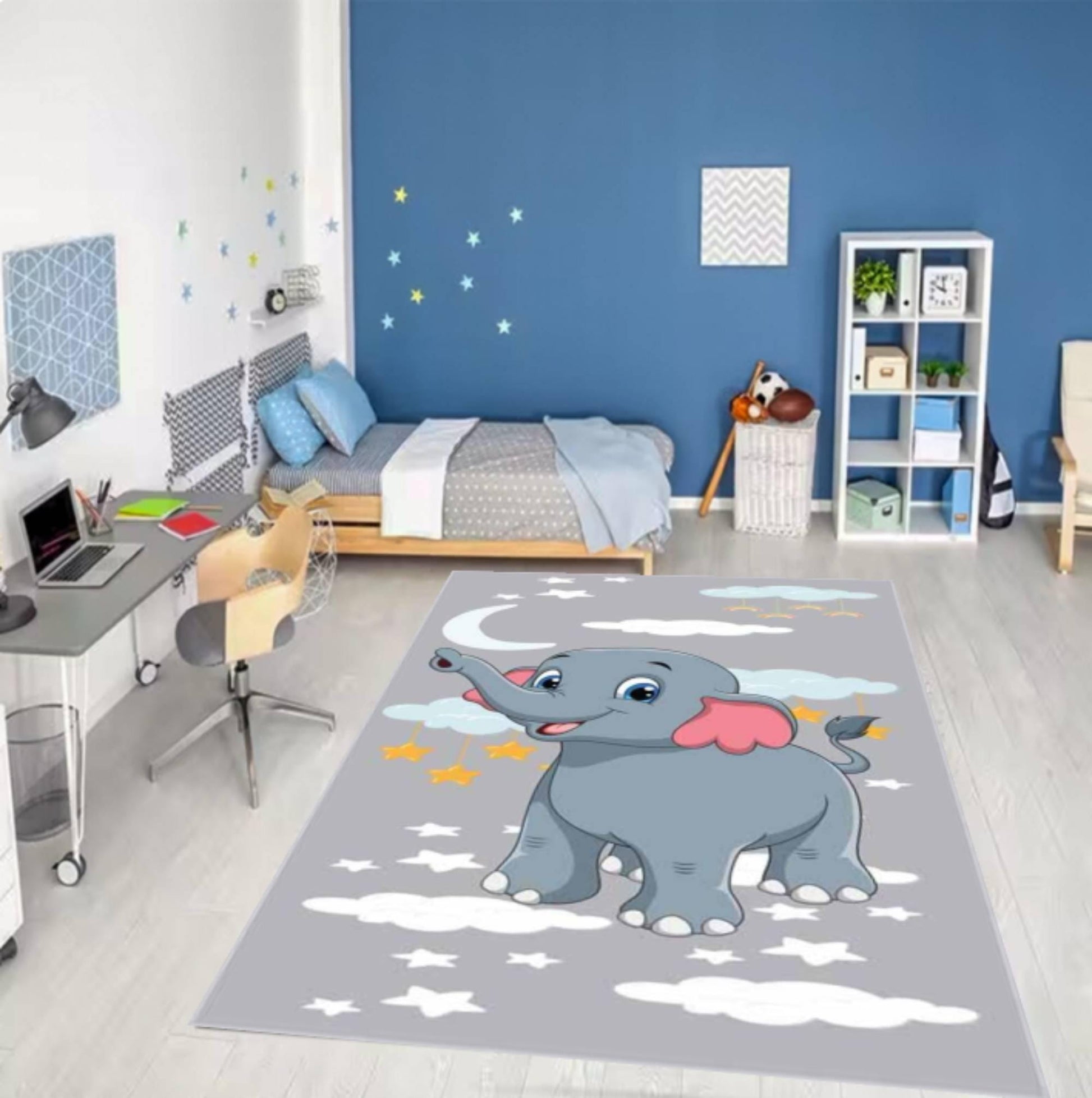 Cute Elephant Kids Area Rug, Nursery Animal Floor Rug, Washable Non Slip Carpet, Baby Room Decor, Toddler Playroom Gift Idea