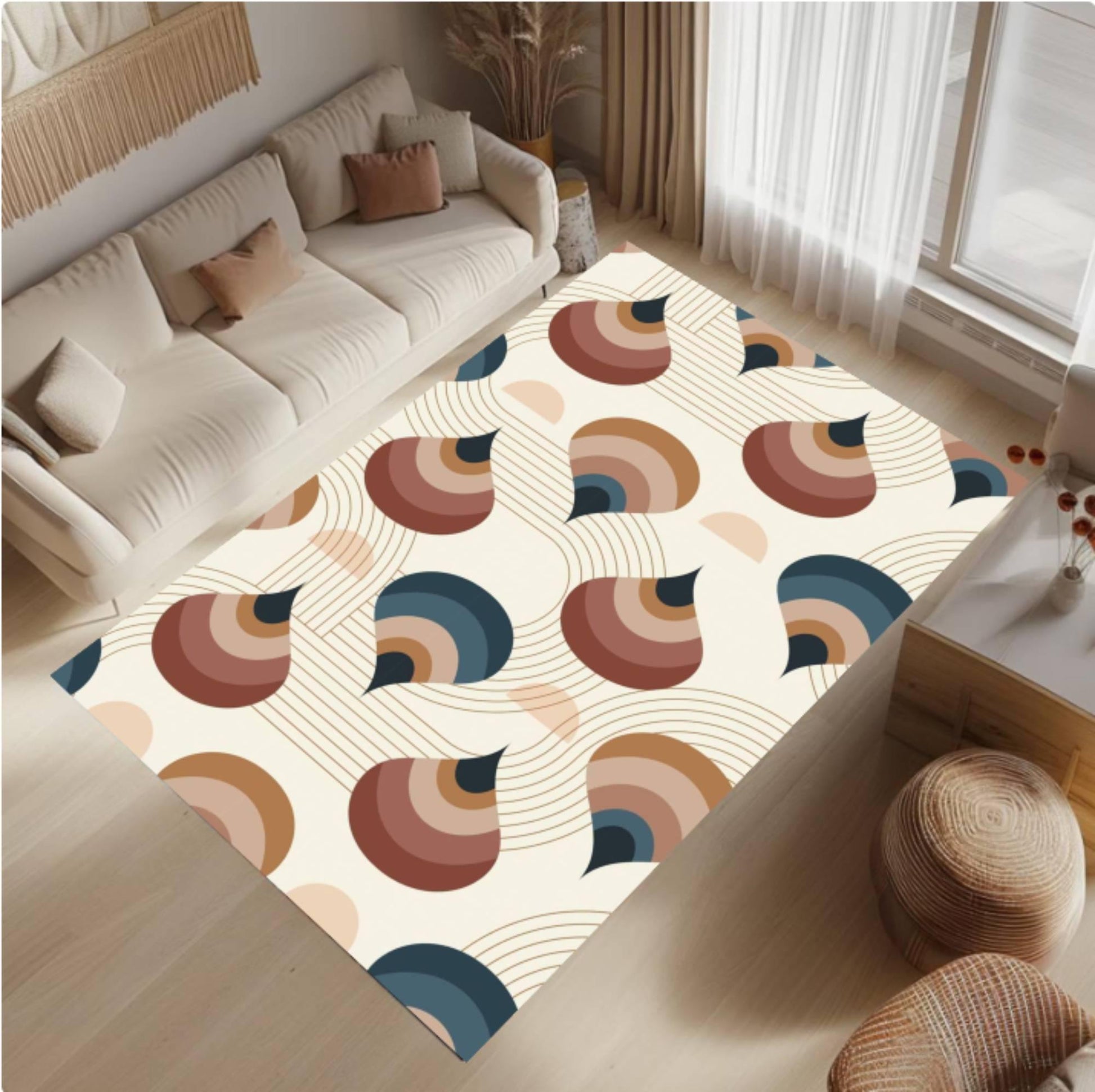 Modern Abstract Area Rug,Retro Geometric Floor Decor,Mid Century Style Living Room Rug, Washable Carpet,Non Slip Backing Neutral Home Accent