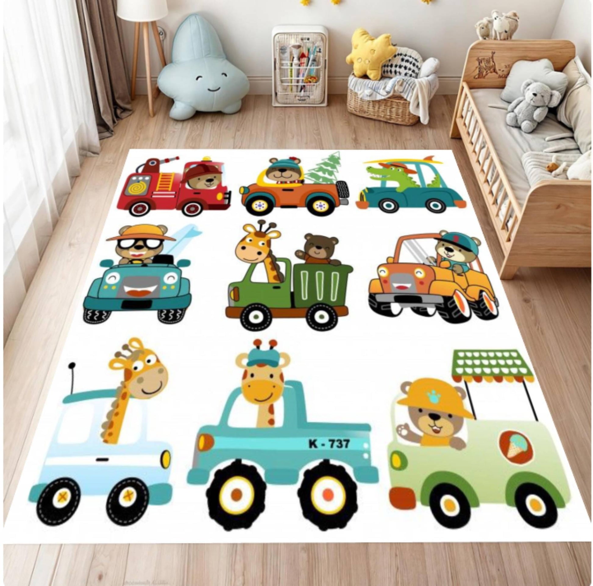 Children's room with a colorful rug featuring cartoon vehicles and animals.
