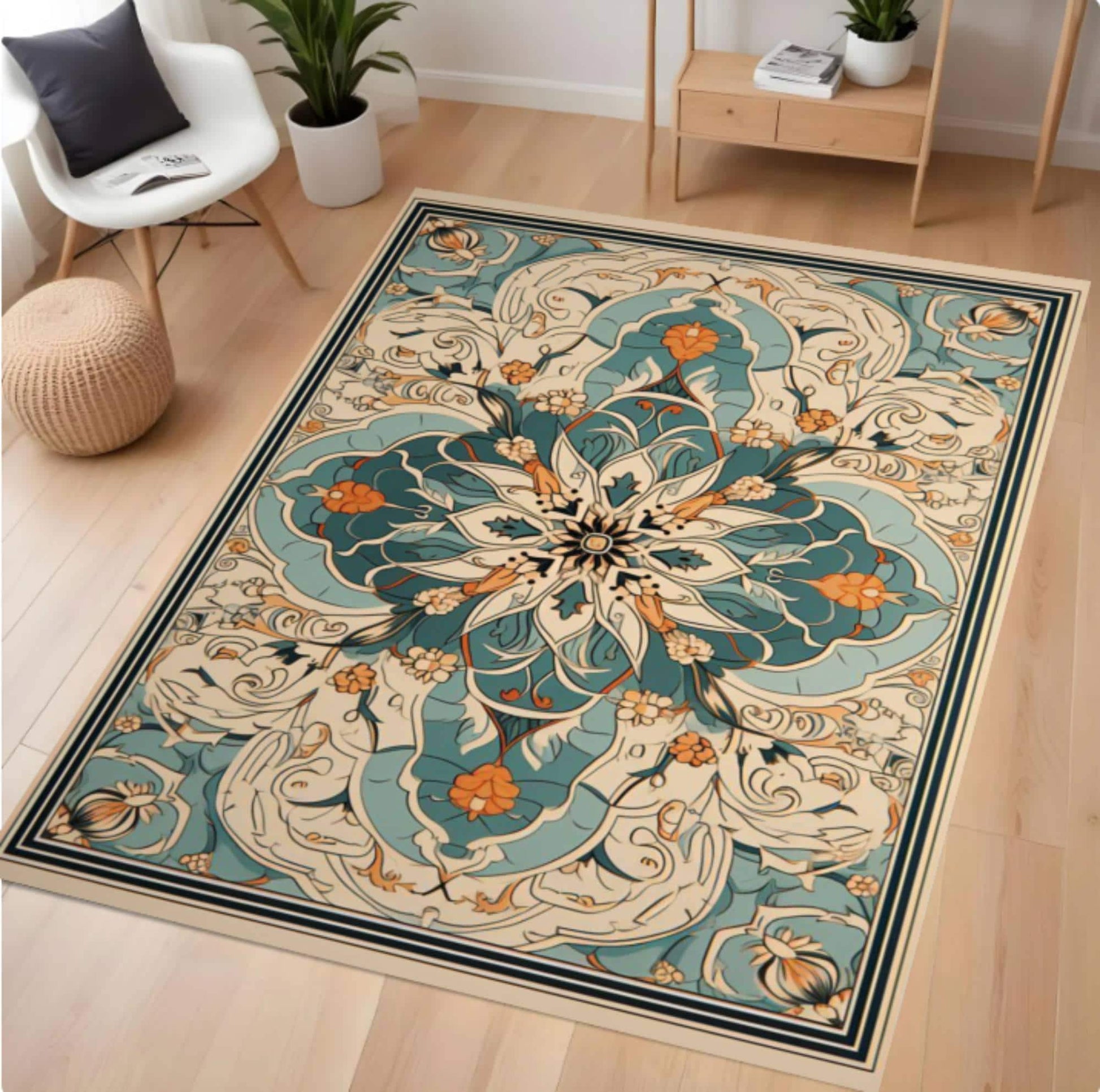 Decorative rug with intricate patterns on a wooden floor