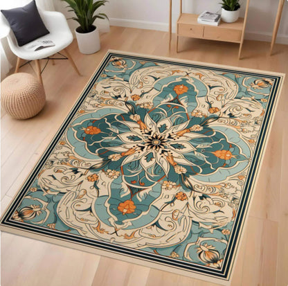 Decorative rug with intricate patterns on a wooden floor