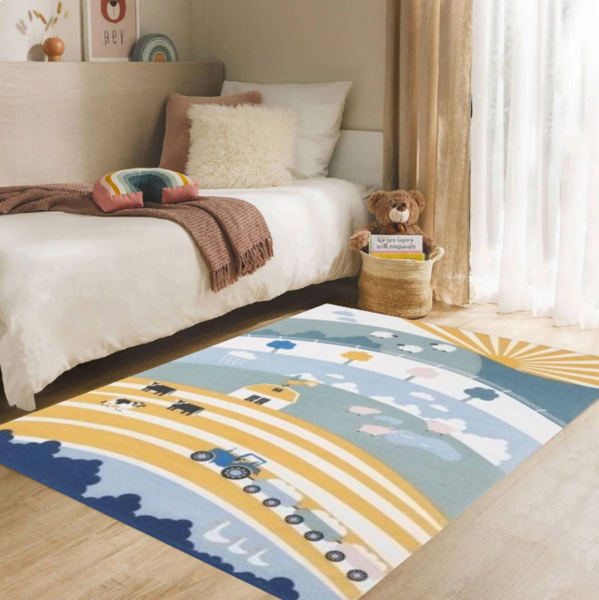 Farm Theme Kids Rug,Washable Nursery Play Mat,Non Slip Children Carpet,Cute Tractor Animal Design,Soft BabyRoom Decor Montessori PlayroomRug