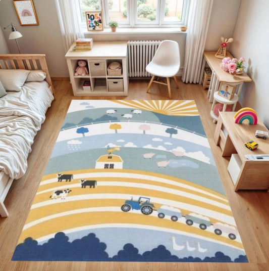 Farm Theme Kids Rug,Washable Nursery Play Mat,Non Slip Children Carpet,Cute Tractor Animal Design,Soft BabyRoom Decor Montessori PlayroomRug