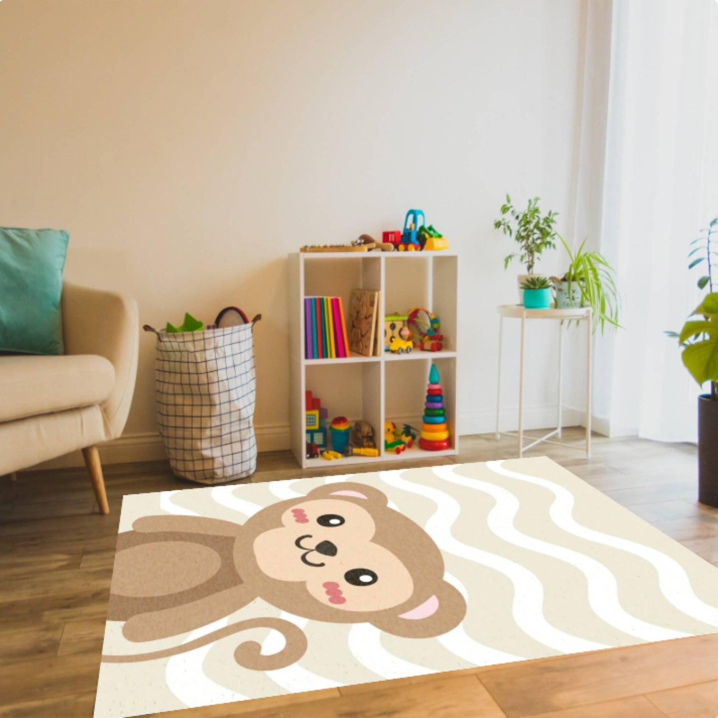 Cute Monkey Kids Rug - Washable Baby Blanket & Non-Slip Neutral Playroom Rug