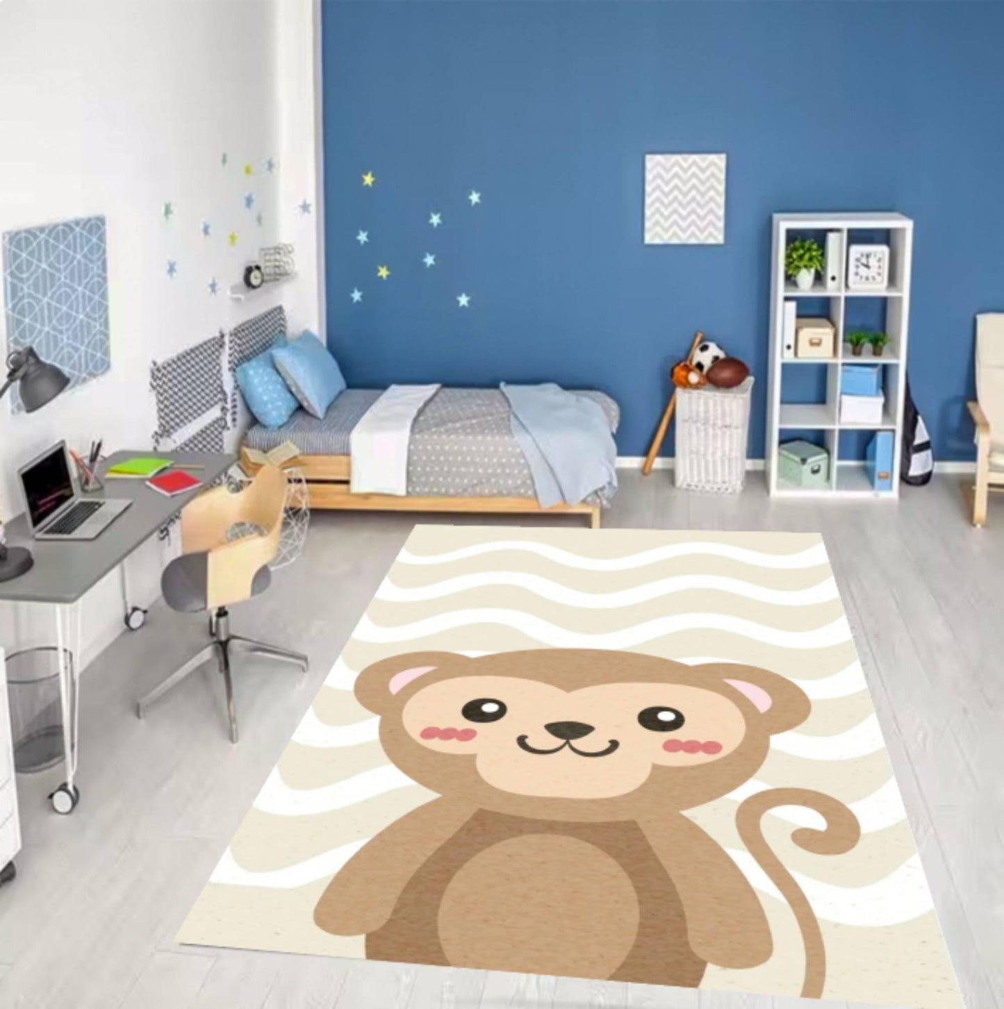 Cute Monkey Kids Rug - Washable Baby Blanket & Non-Slip Neutral Playroom Rug
