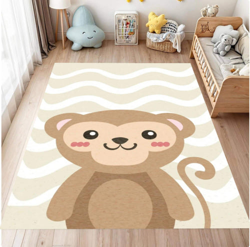 A rectangular area rug with a cartoon monkey design, displayed on a light wood floor in a child's bedroom next to a wooden crib.