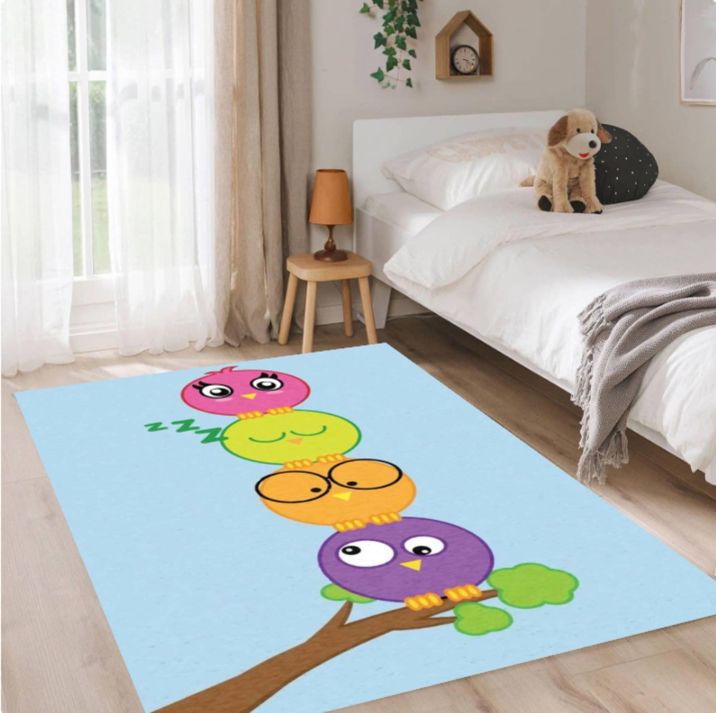 Colorful Owl Kids Rug - Washable & Non-Slip Playroom Rug