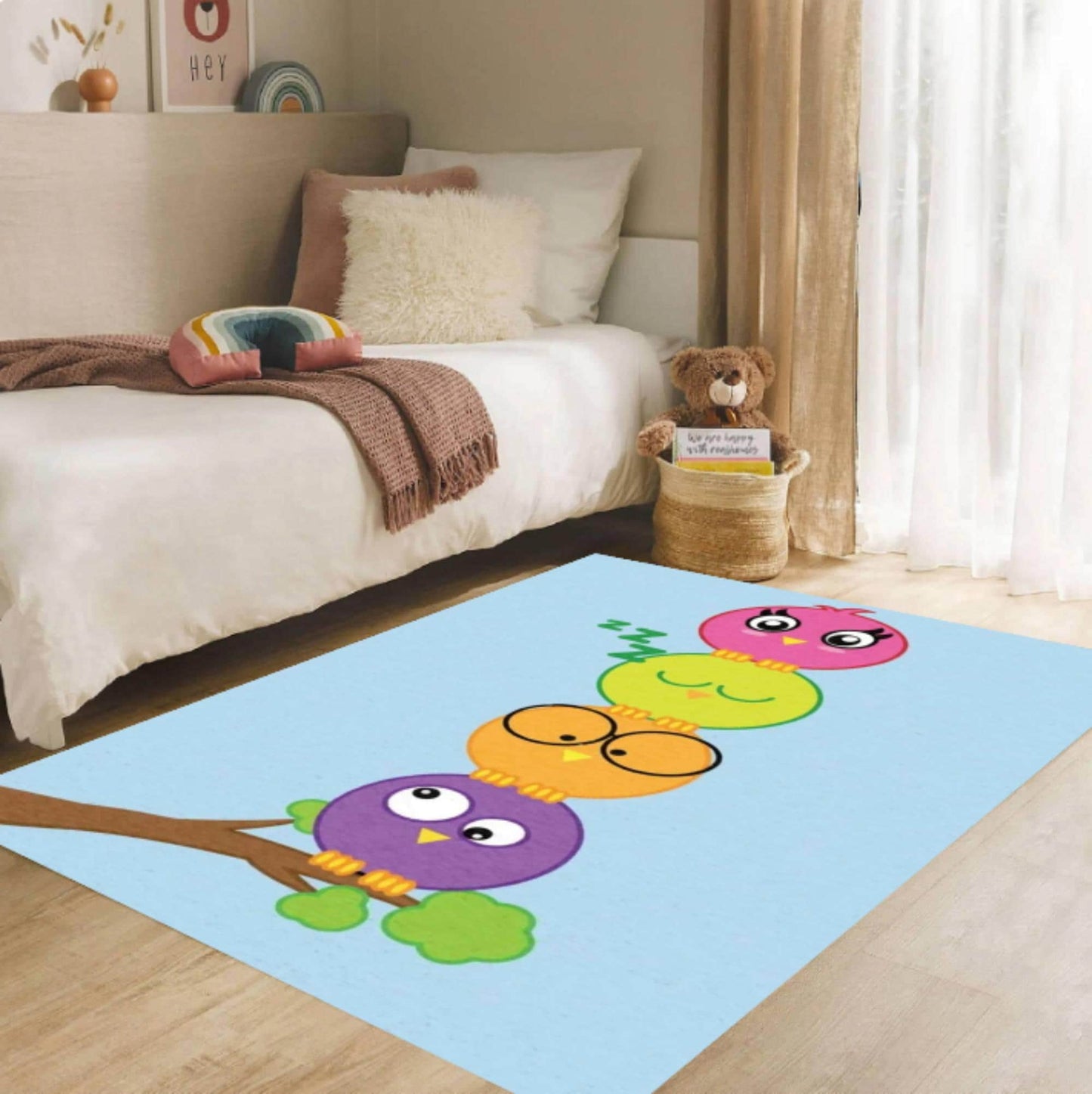 Colorful Owl Kids Rug - Washable & Non-Slip Playroom Rug