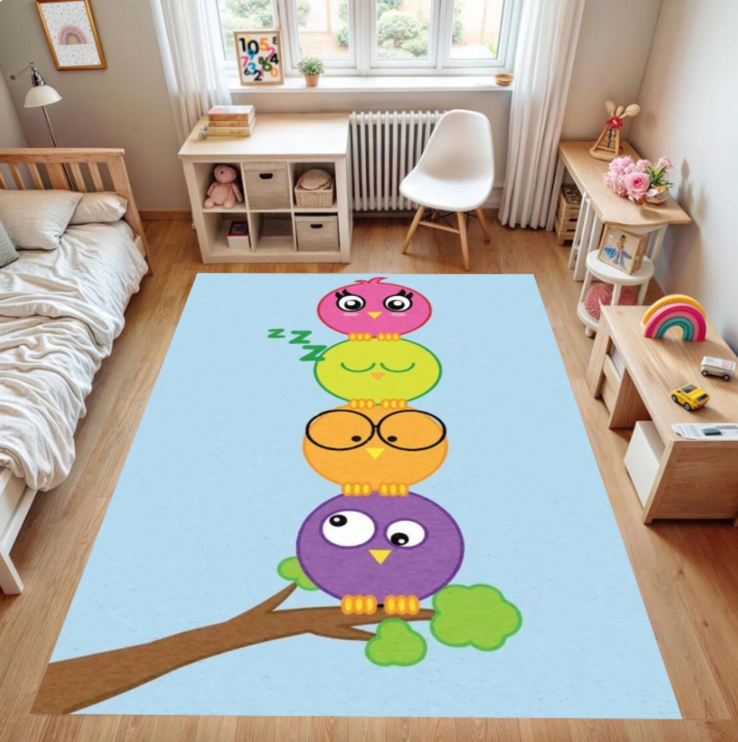 Colorful Owl Kids Rug, Washable Nursery Carpet, Non Slip Playroom Rug, Cute Animal Design, Baby Room Decor, Soft Toddler Floor Mat