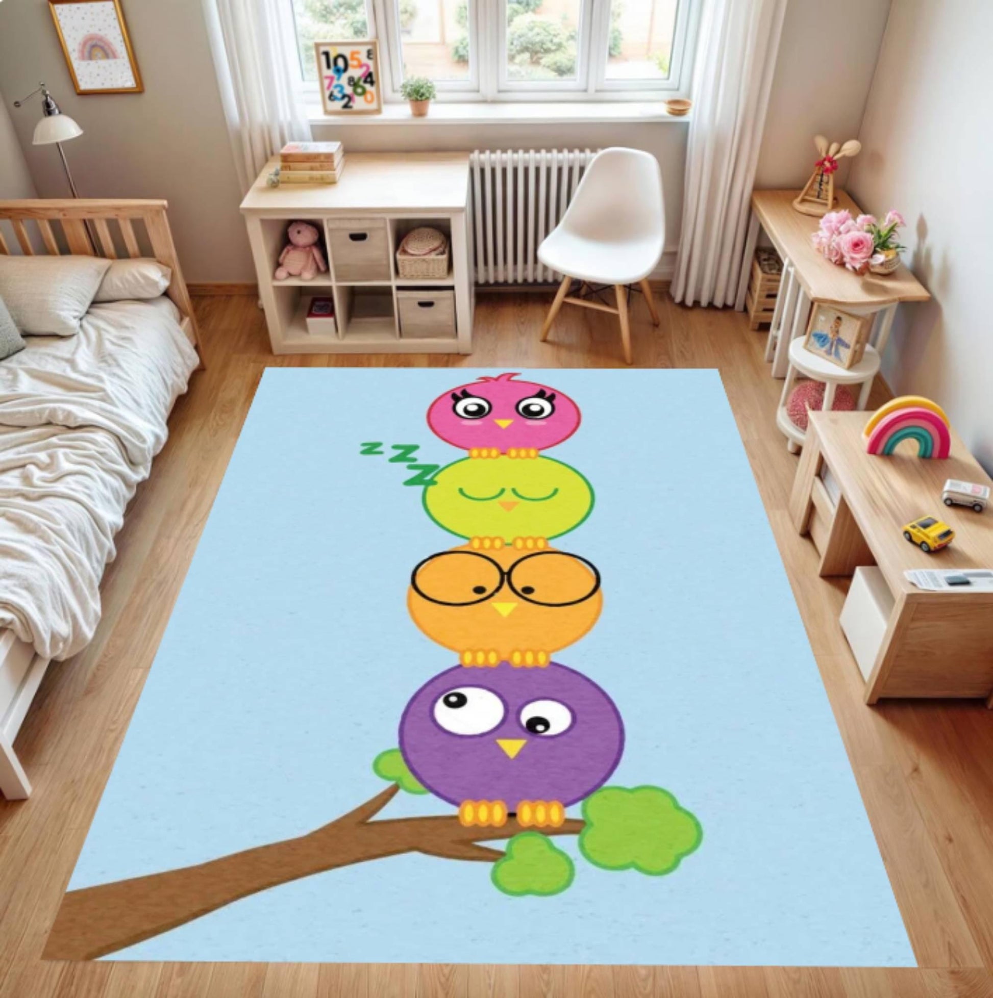 Colorful Owl Kids Rug, Washable Nursery Carpet, Non Slip Playroom Rug, Cute Animal Design, Baby Room Decor, Soft Toddler Floor Mat