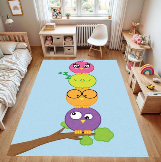 Colorful Owl Kids Rug, Washable Nursery Carpet, Non Slip Playroom Rug, Cute Animal Design, Baby Room Decor, Soft Toddler Floor Mat
