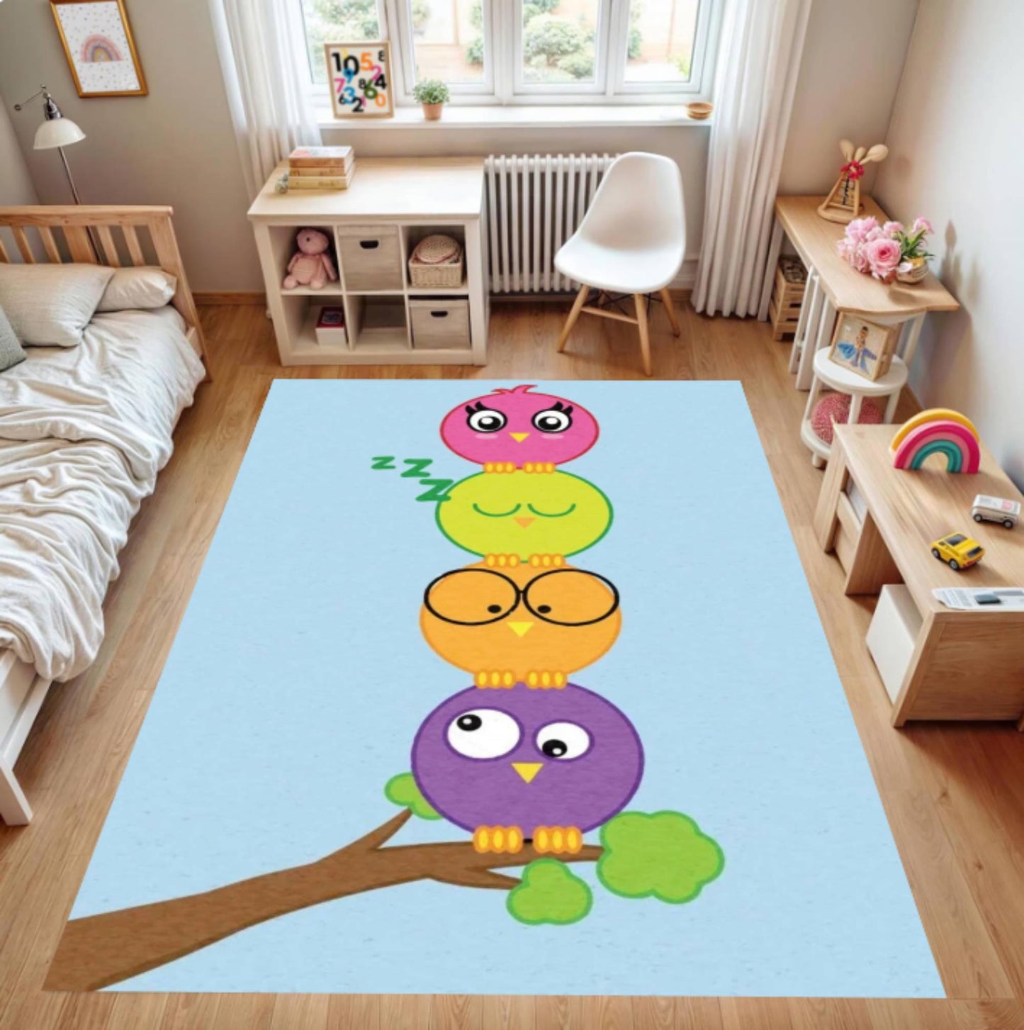 Colorful Owl Kids Rug - Washable & Non-Slip Playroom Rug