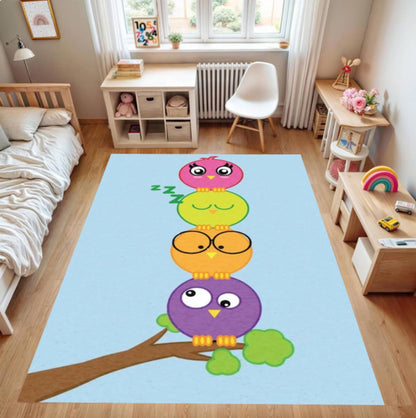 Colorful Owl Kids Rug - Washable & Non-Slip Playroom Rug