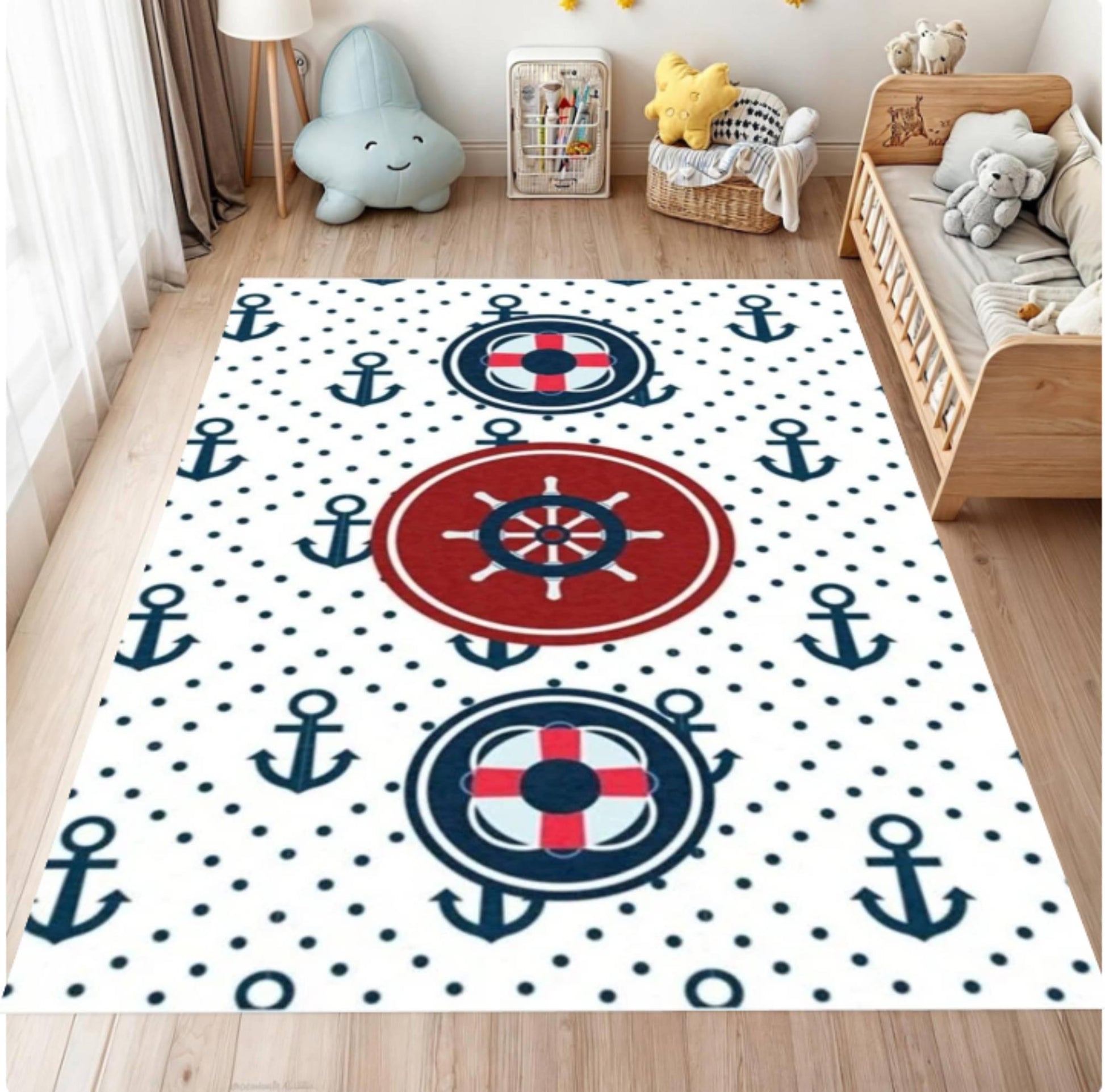Nautical-themed rug with anchors and life buoys on a white background, placed in a room with toys and furniture.