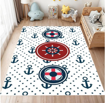 Nautical-themed rug with anchors and life buoys on a white background, placed in a room with toys and furniture.