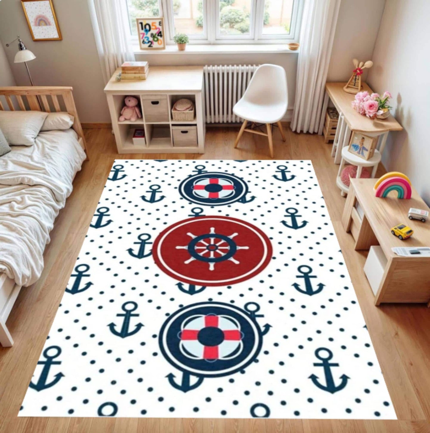 Nautical Kids Rug Washable Kids Room Rug Non-slip Playroom Rug