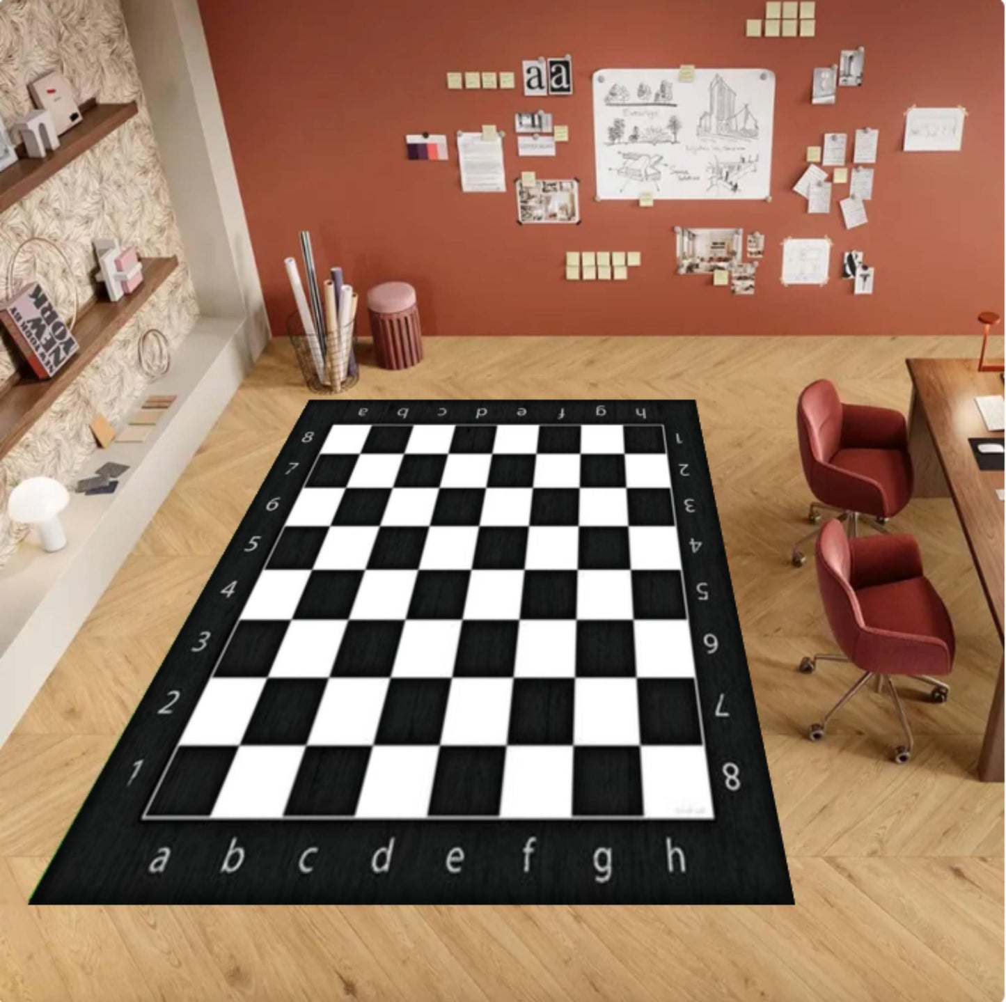Chess Board Area Rug, Washable Game Room Carpet, Non Slip Floor Rug, Modern Black White Design, Chess Lover Gift, Office Play Room Decor