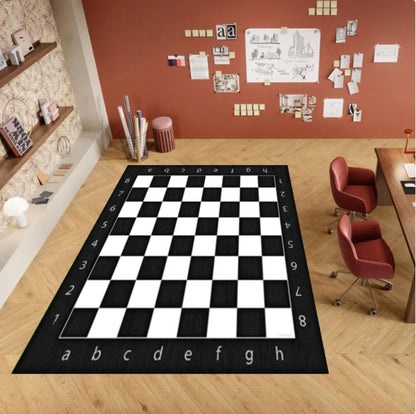 Chess Board Area Rug, Washable Game Room Carpet, Non Slip Floor Rug, Modern Black White Design, Chess Lover Gift, Office Play Room Decor