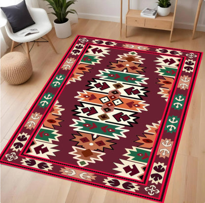 Decorative rug with geometric pattern on a wooden floor