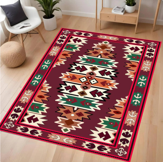 Decorative rug with geometric pattern on a wooden floor