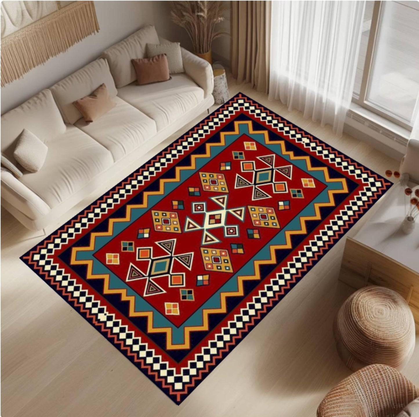 Vintage Tribal Rug Washable Boho Rug Non-slip Rug Ethnic Geometric