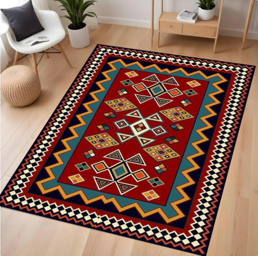 Decorative rug with geometric pattern on a wooden floor
