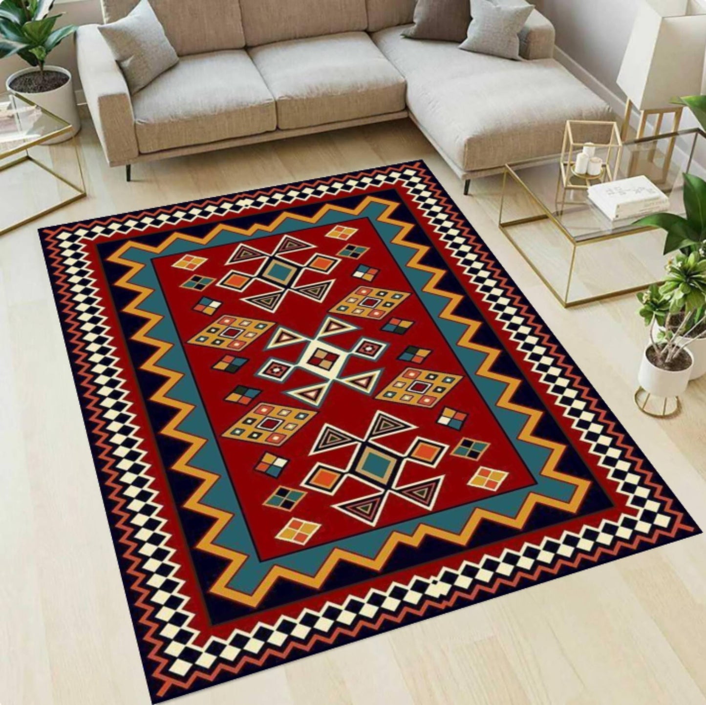 Vintage Tribal Rug Washable Boho Rug Non-slip Rug Ethnic Geometric