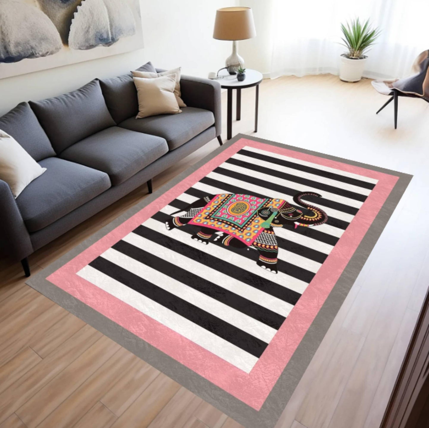 Boho Rug Elephant Washable Rug Living Room Non-slip Rug Black