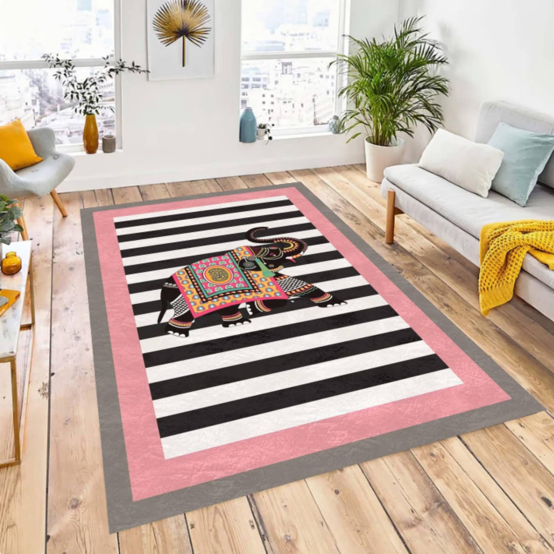 Boho Elephant Area Rug, Washable Living Room Carpet, Non Slip Floor Rug, Black White Stripe Design, Colorful Ethnic Home Decor
