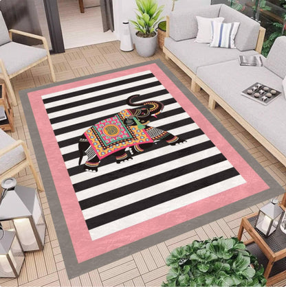 Boho Elephant Area Rug, Washable Living Room Carpet, Non Slip Floor Rug, Black White Stripe Design, Colorful Ethnic Home Decor