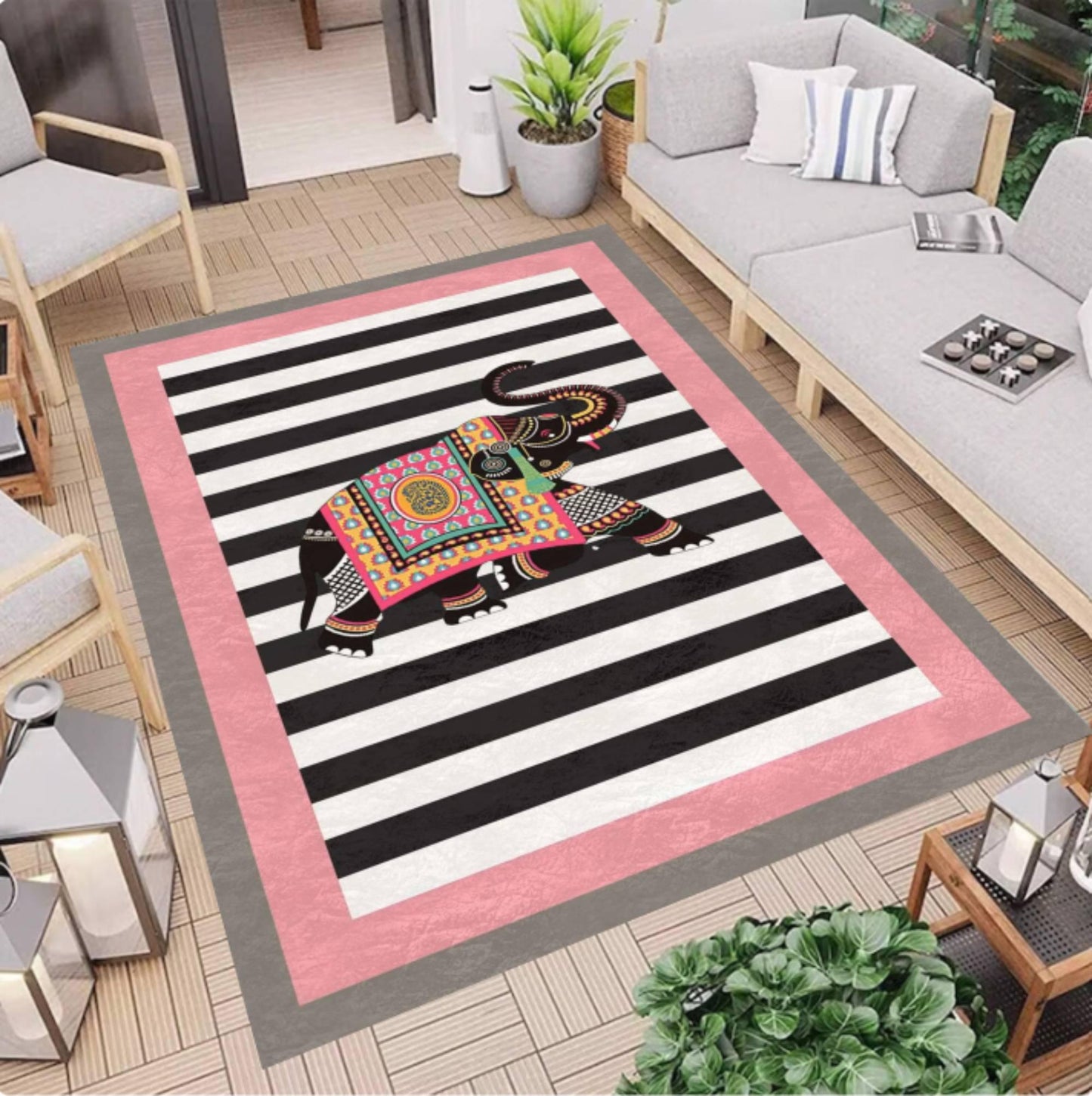 Boho Rug Elephant Washable Rug Living Room Non-slip Rug Black