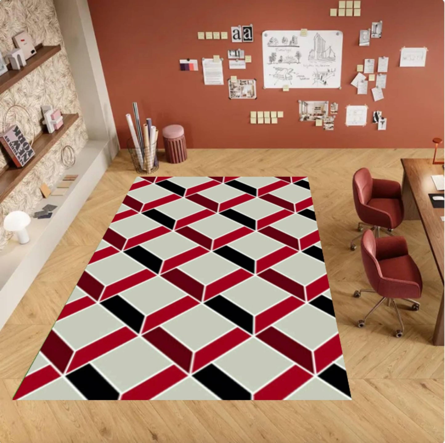 Modern Geometric Optical Illusion Rug - Red, Black & Cream Washable Area Rug