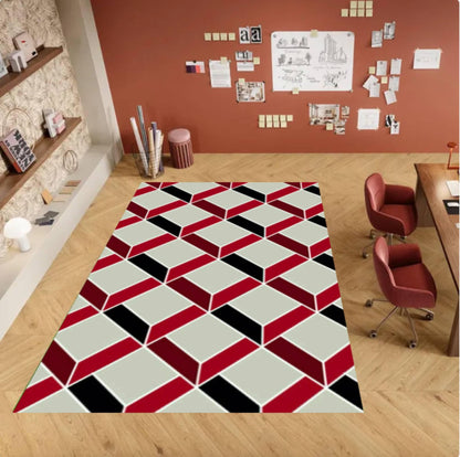 Modern Geometric Optical Illusion Rug - Red, Black & Cream Washable Area Rug