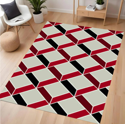 Modern Geometric Optical Illusion Rug - Red, Black & Cream Washable Area Rug