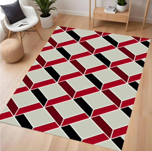 Modern Geometric Optical Illusion Rug - Red, Black & Cream Washable Area Rug