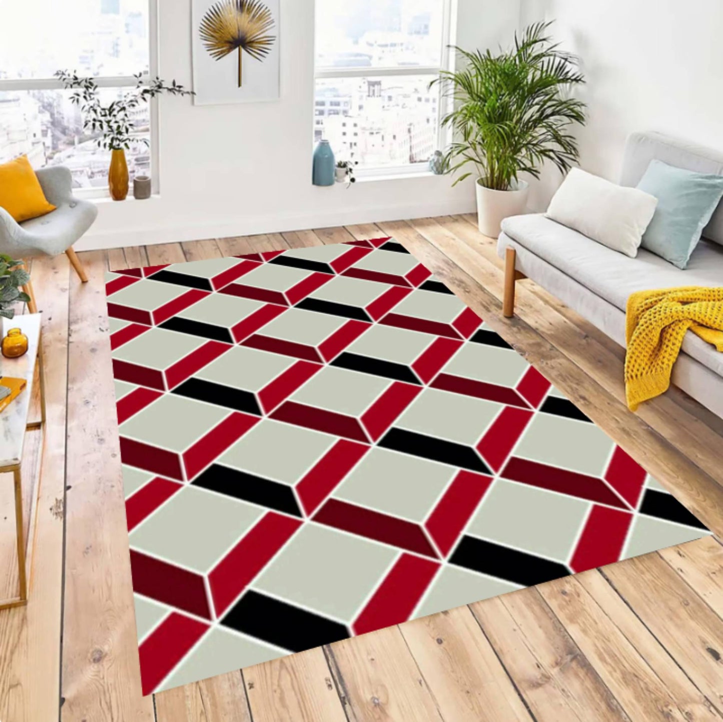 Modern Geometric Optical Illusion Rug - Red, Black & Cream Washable Area Rug