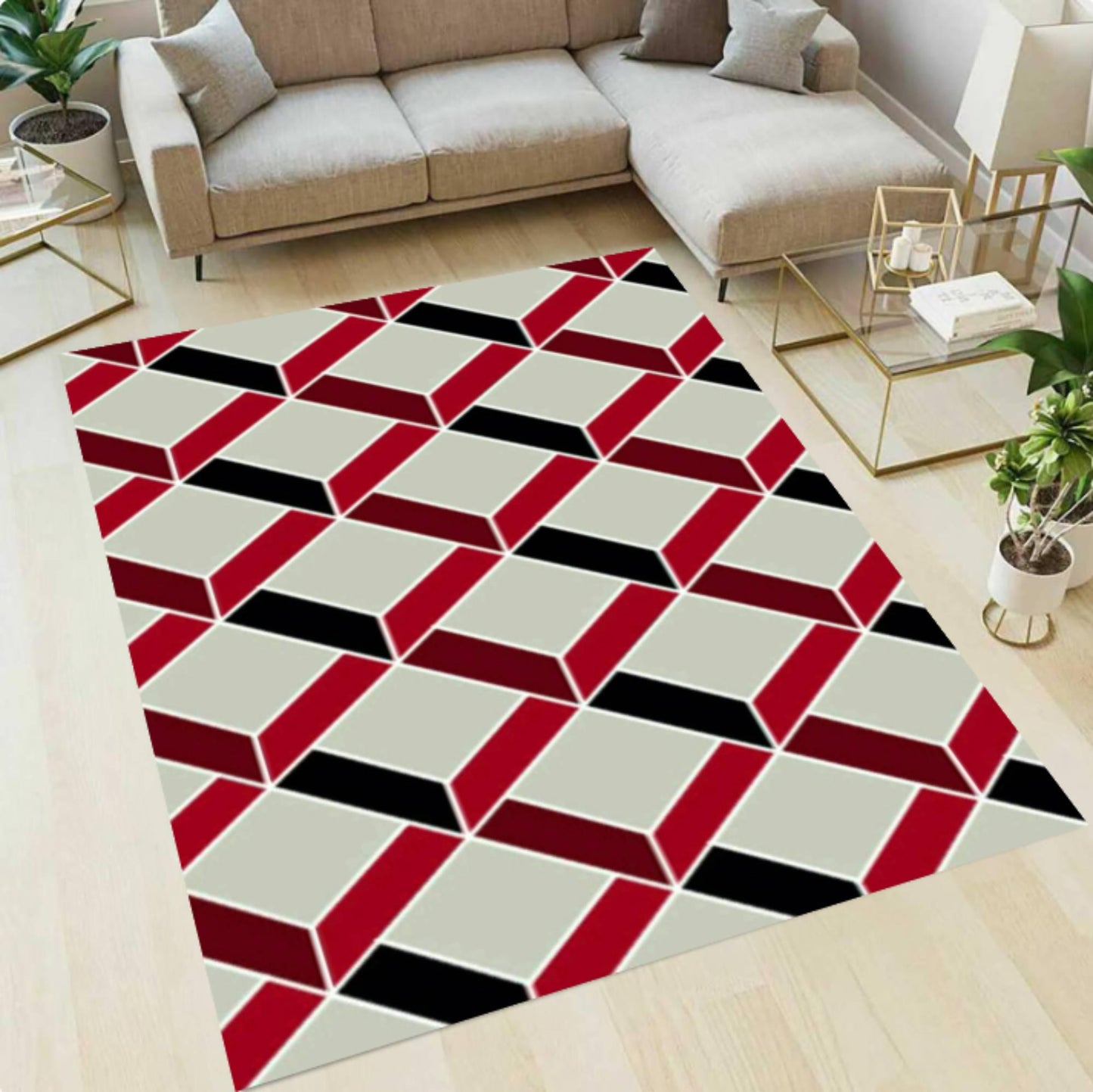 Modern Geometric Optical Illusion Rug - Red, Black & Cream Washable Area Rug