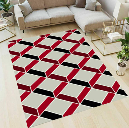 Modern Geometric Optical Illusion Rug - Red, Black & Cream Washable Area Rug