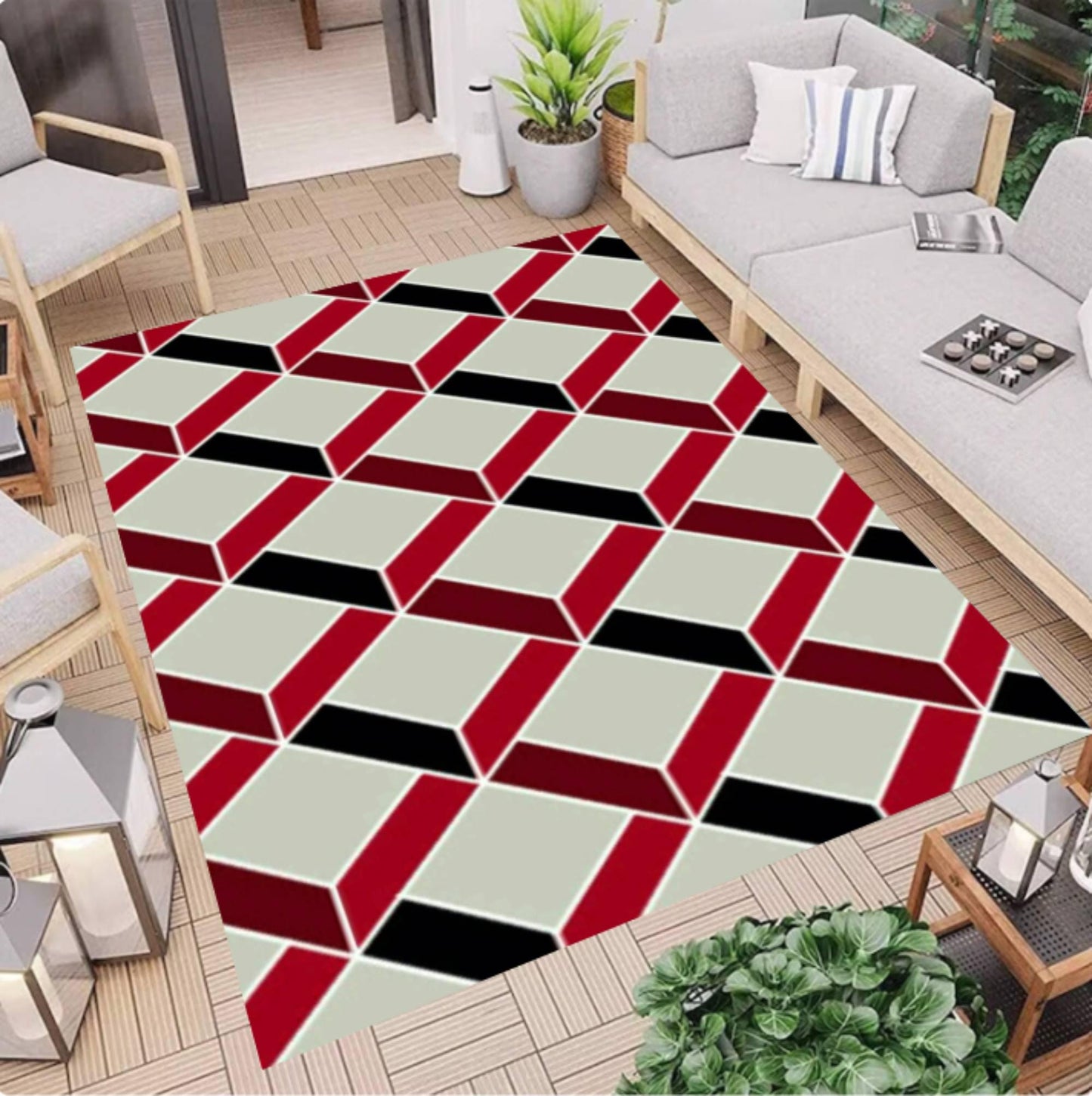 Modern Geometric Optical Illusion Rug - Red, Black & Cream Washable Area Rug