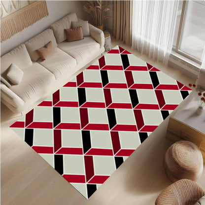 Modern Geometric Optical Illusion Rug - Red, Black & Cream Washable Area Rug