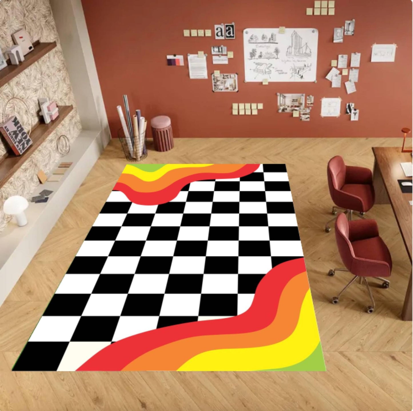Modern Checkerboard Rug - Retro Wave Pattern Washable Non-Slip Rug