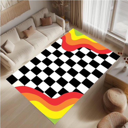 Modern Checkerboard Area Rug, Retro Wave Accent Design, Washable Non Slip Carpet, Bold Color Floor Rug for Living Room,Bedroom, Studio Decor