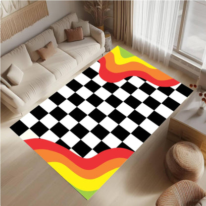 Modern Checkerboard Rug - Retro Wave Pattern Washable Non-Slip Rug
