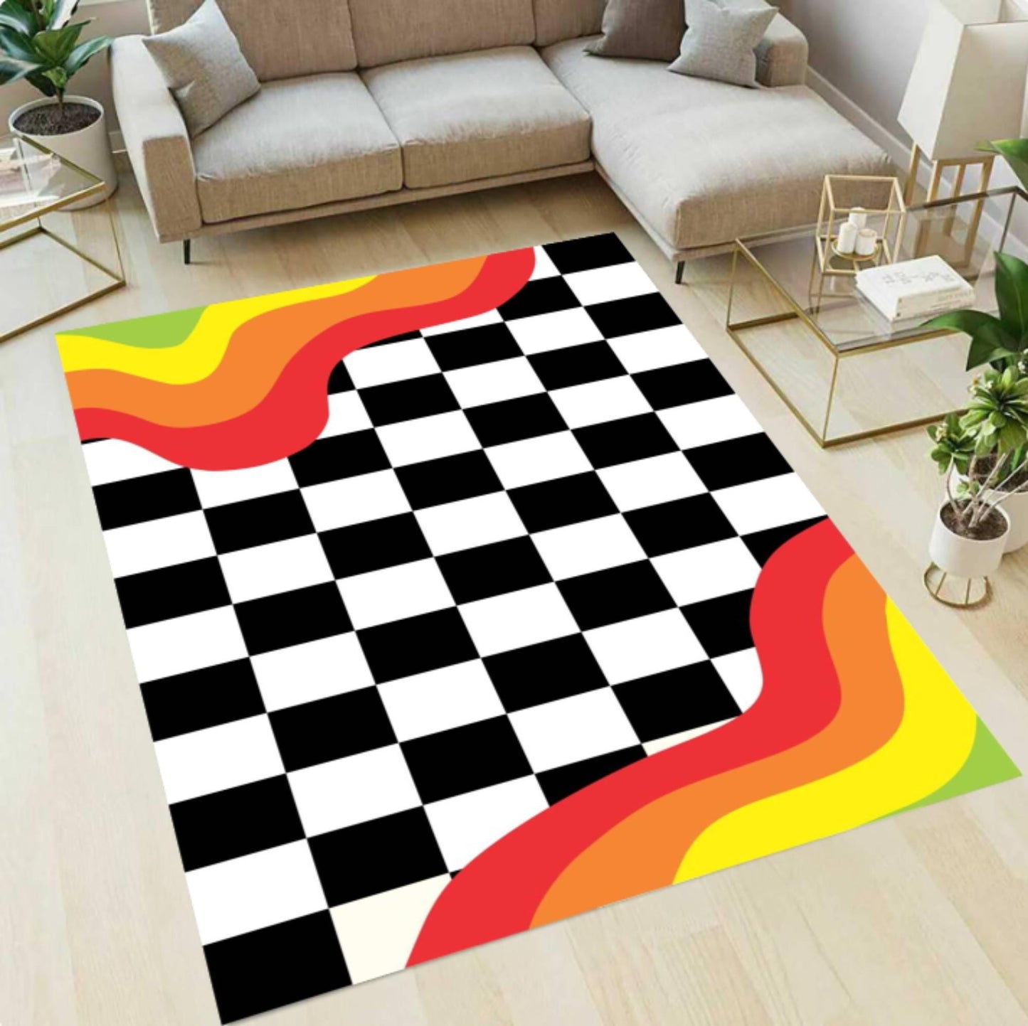 Modern Checkerboard Rug - Retro Wave Pattern Washable Non-Slip Rug