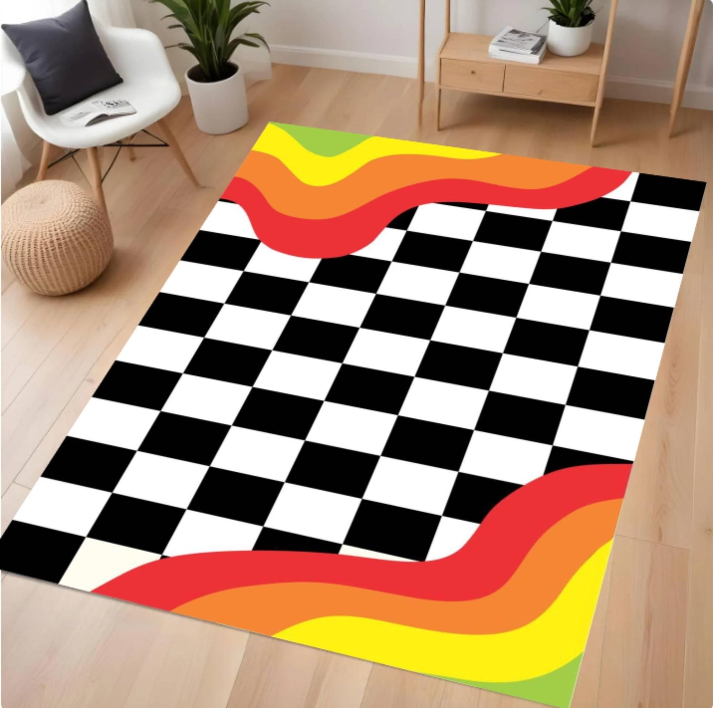 Checkered rug with colorful wavy borders on a wooden floor