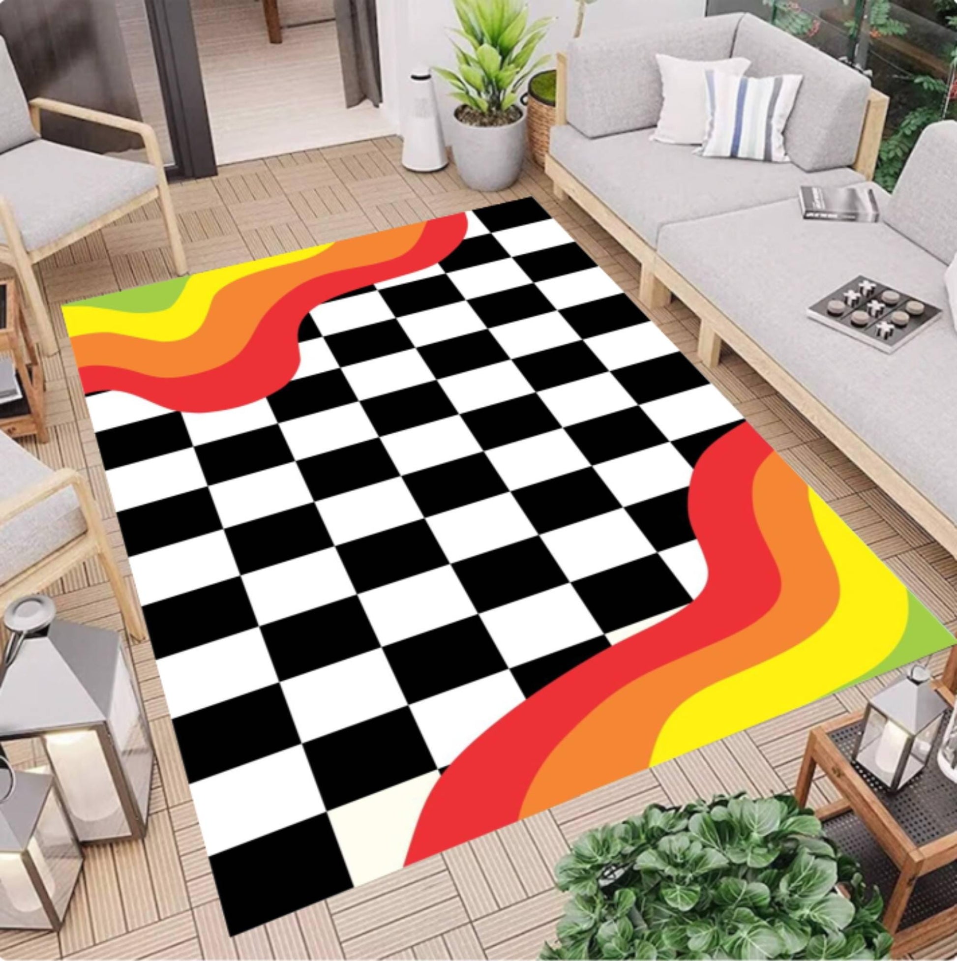 Modern Checkerboard Area Rug, Retro Wave Accent Design, Washable Non Slip Carpet, Bold Color Floor Rug for Living Room,Bedroom, Studio Decor