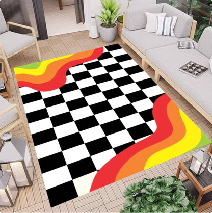 Modern Checkerboard Rug - Retro Wave Pattern Washable Non-Slip Rug