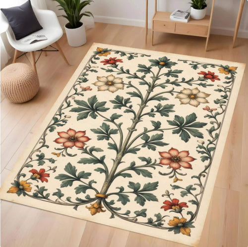 Floral patterned rug on a wooden floor with a chair and plants in the background