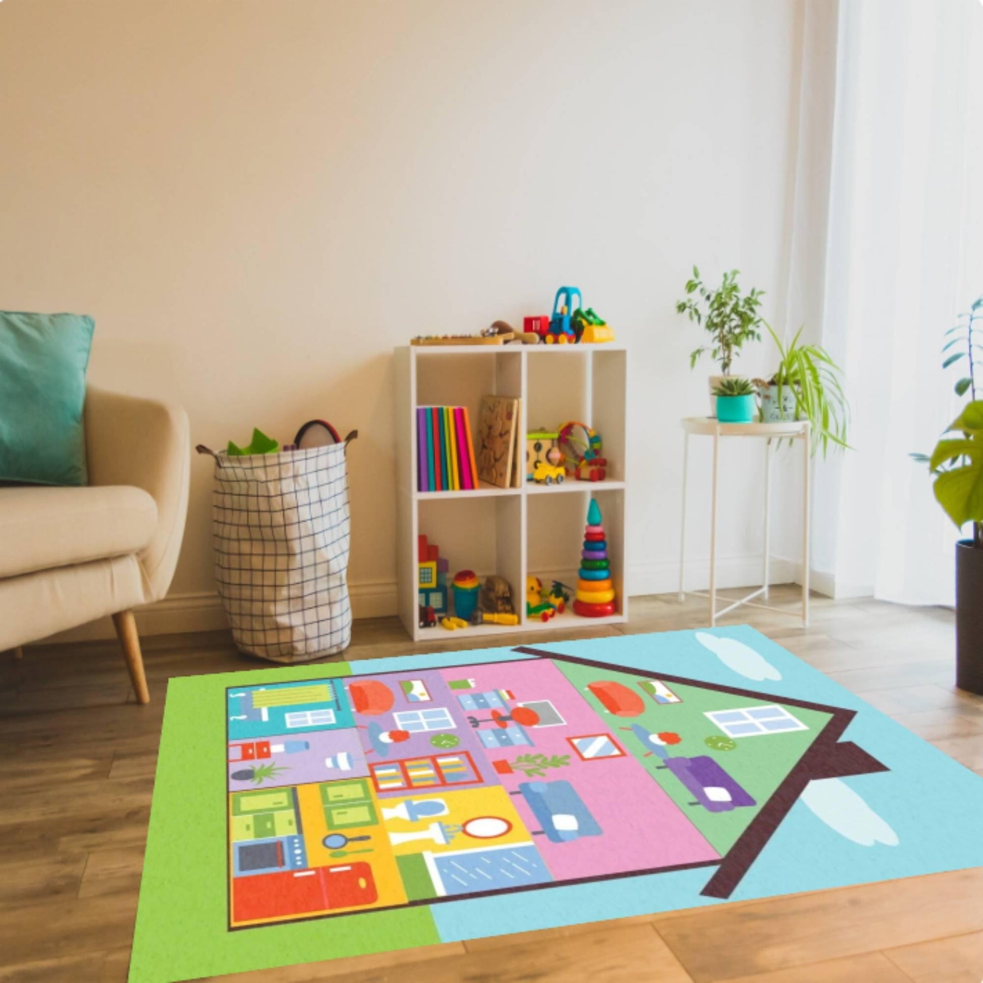 Kids Playroom Area Rug, Dollhouse Play Mat Carpet, Washable Non Slip Floor Rug, Colorful Educational House Design, Nursery Bedroom Decor
